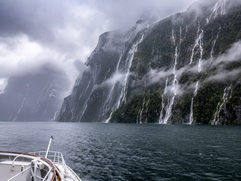 Fiord waterfalls after heavy rain